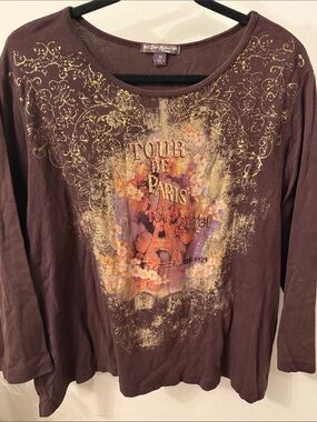 Suzie Couture Brown 'Tour de Paris' Graphic Long-Sleeve Women's Top 1X